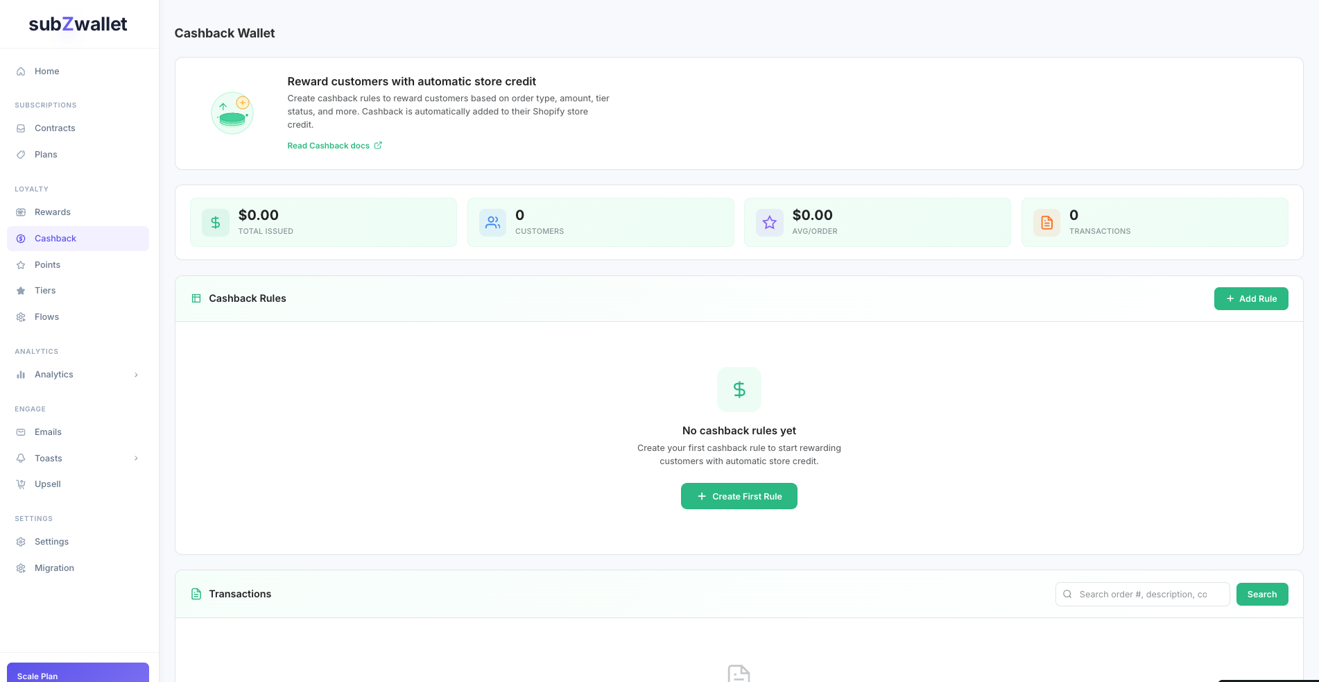 subZwallet cashback dashboard showing points balance and transaction history
